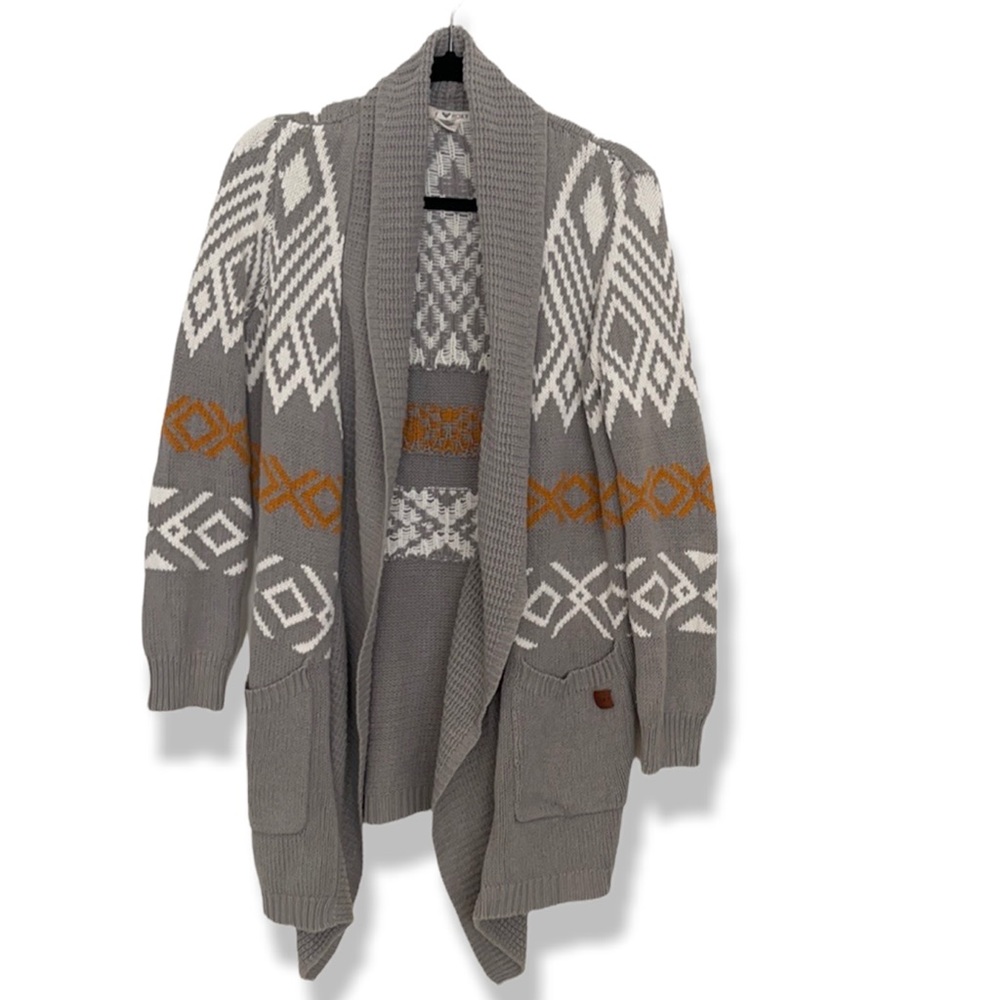 Roxy gray white orange pattern open cardigan